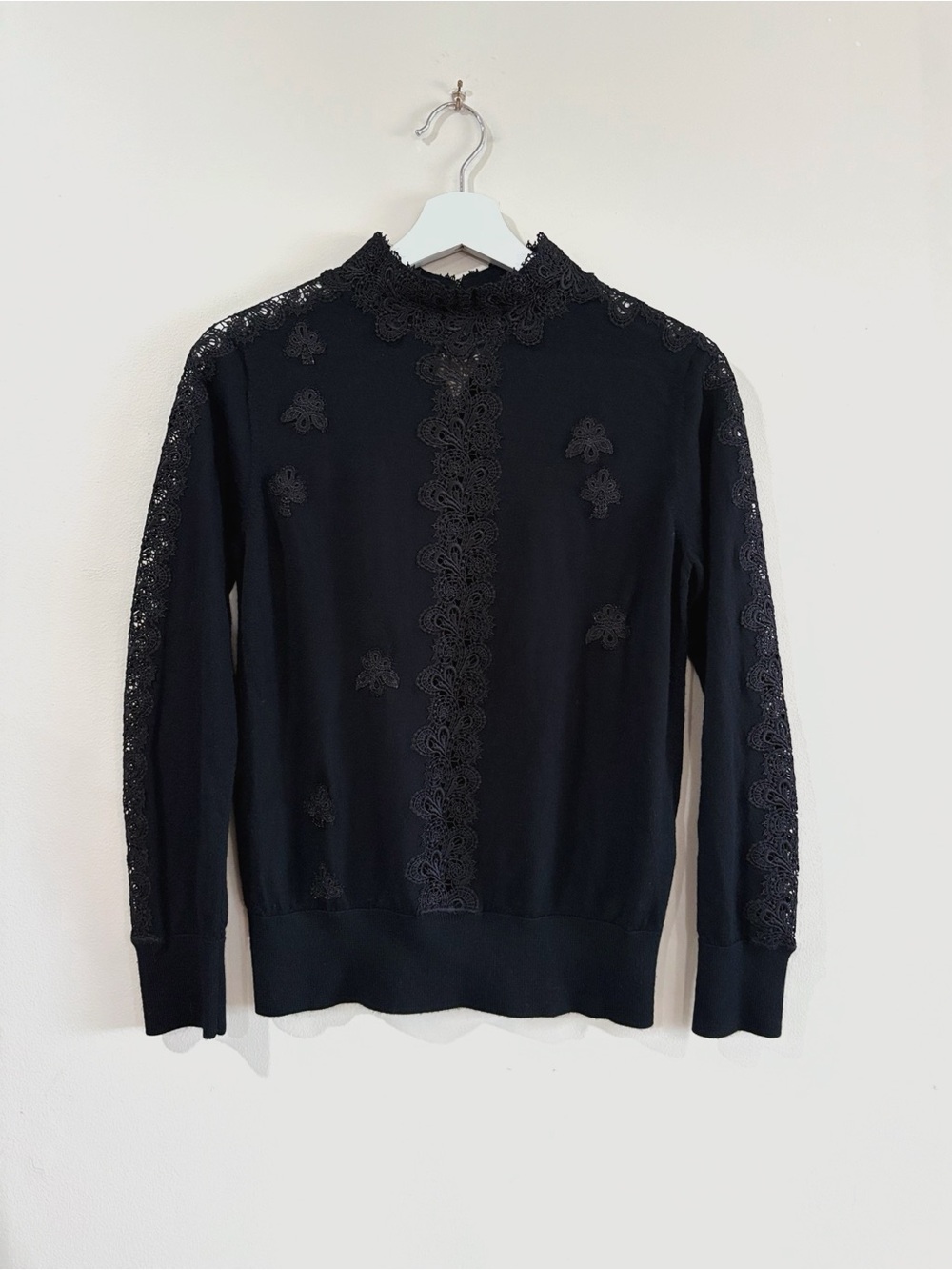 Sandro Paris Women's US S Black Lace Embroidered Knit Sweater Coquette Goth Chic